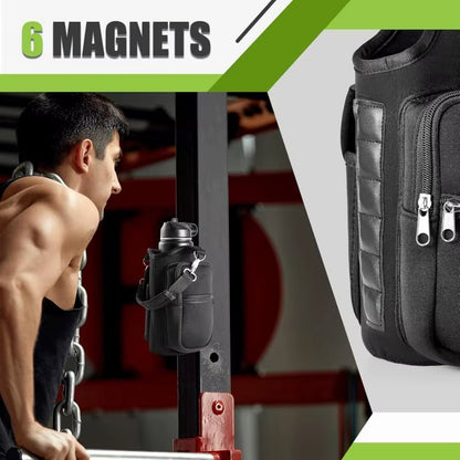 Magnetic Water Bottle Holder Gym Water Bottle Carrier Bag W/ Phone Pocket Handle Shoulder Strap 6 Built - In Magnets Water Bottle - Core line athletics